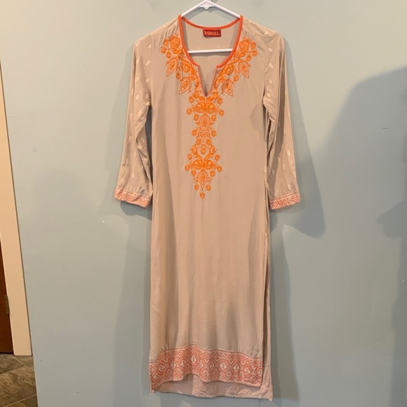 Kurta Embroidered Long Sleeve Lightweight Beige Orange Women’s XS - Picture 1 of 8